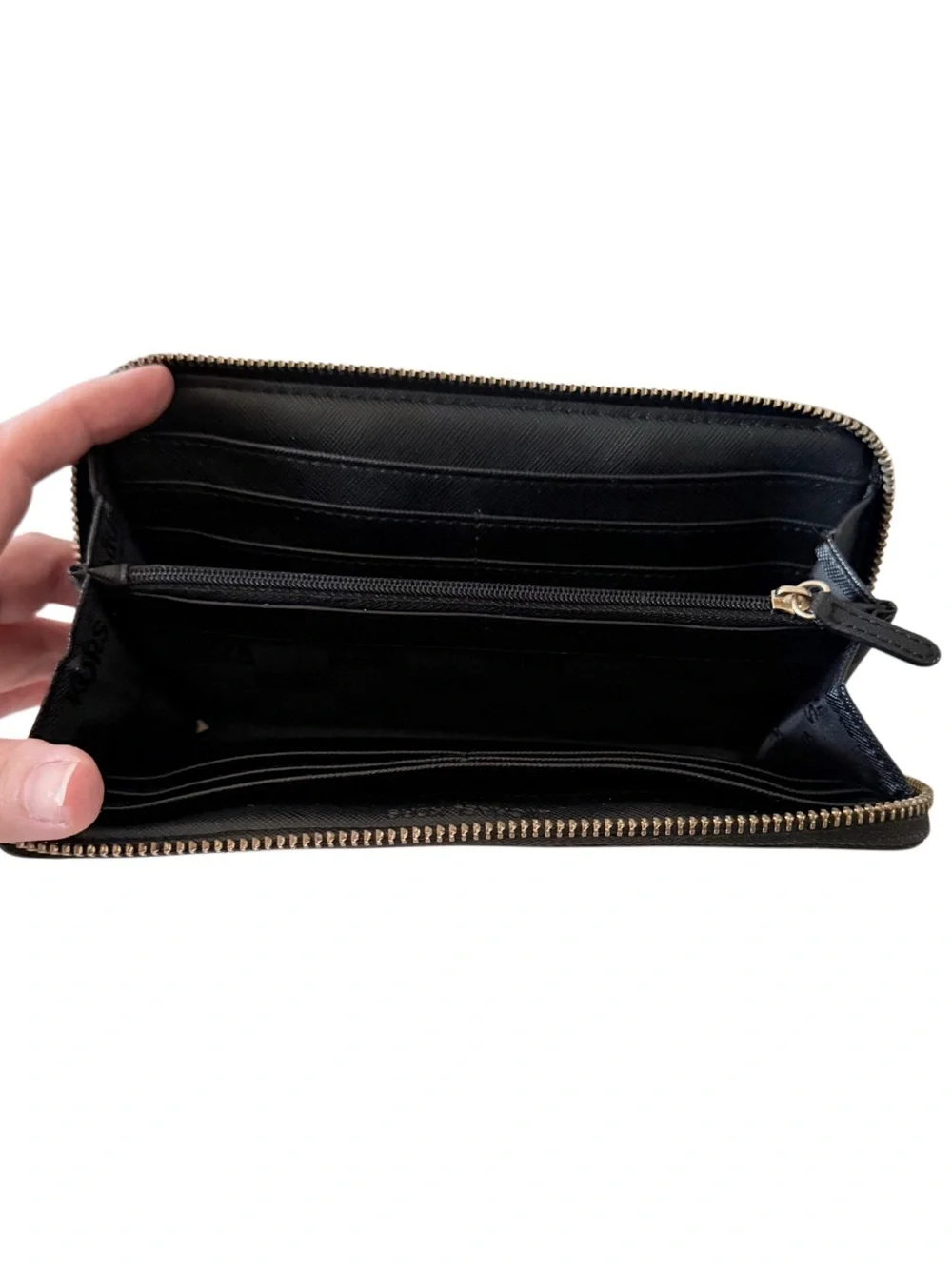 Michael Kors Black Patent Embossed Logo Zip Around Accordion Wallet Gold Tone